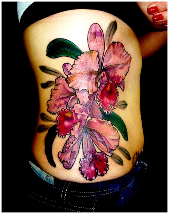 Colorful Rhododendron Flowers Tattoo On Girl Right Side Rib