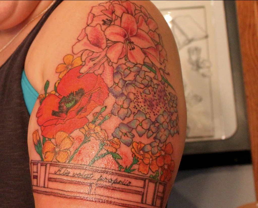 Colorful Rhododendron Flowers Tattoo On Women Left Shoulder
