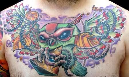 Colorful Traditional 3D Triangle With Flying Owl Tattoo On Man Chest