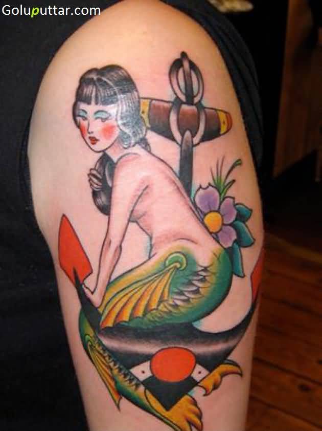 Colorful Traditional Anchor Mermaid Tattoo
