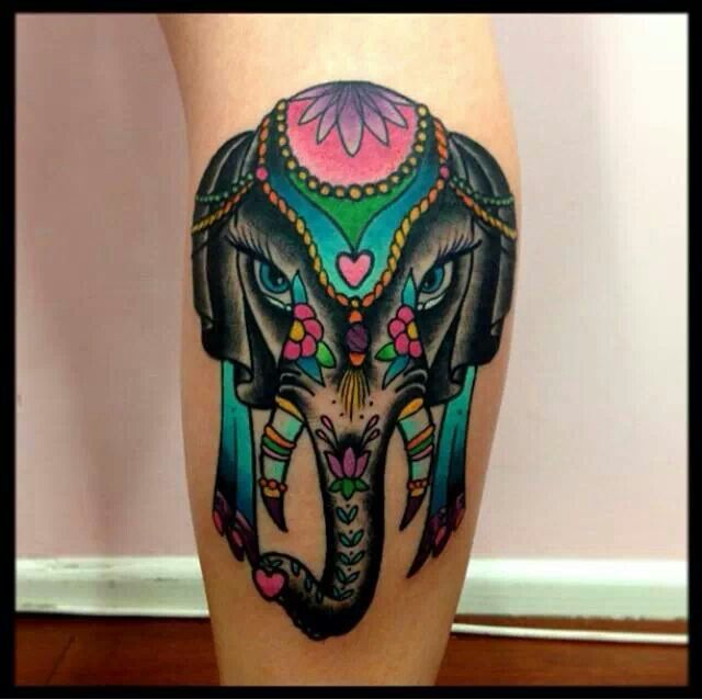 Colorful Traditional Chinese Elephant Head Tattoo On Leg