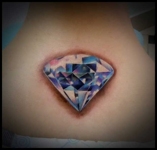 Colorful Traditional Diamond Tattoo On Upper Back