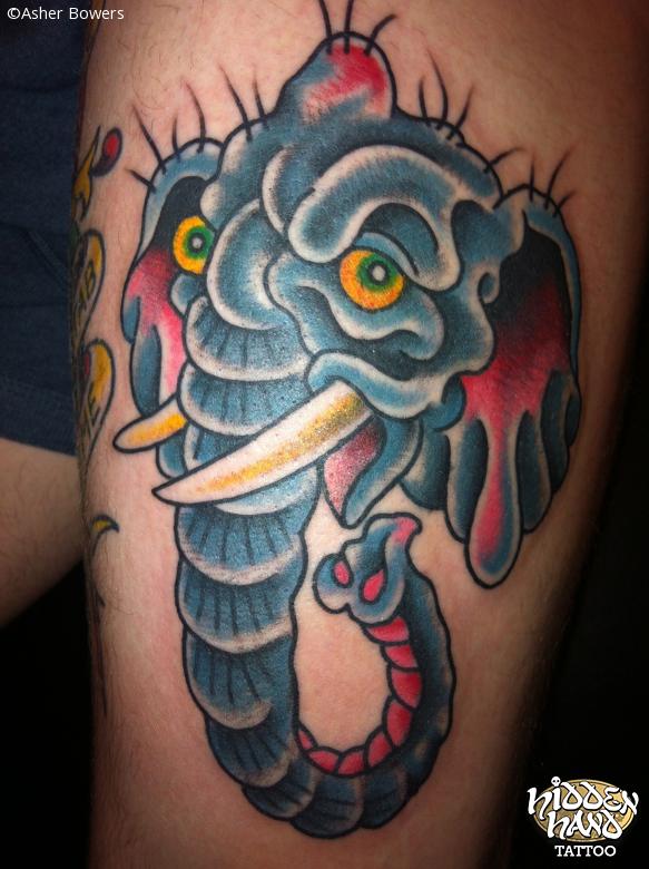 Colorful Traditional Elephant Head Tattoo Design For Thigh