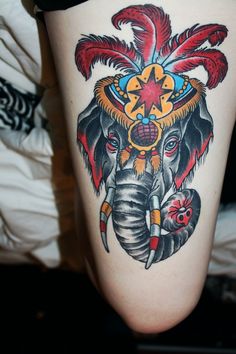 Colorful Traditional Elephant Head Tattoo On Thigh By Shawn McDonald