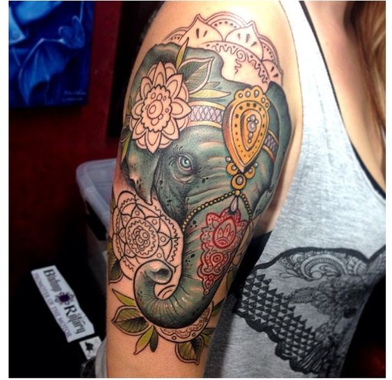 Colorful Traditional Elephant Head With Flowers Tattoo On Girl Right Half Sleeve By London Reese