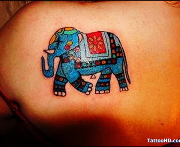 Colorful Traditional Elephant Tattoo On Left Back Shoulder