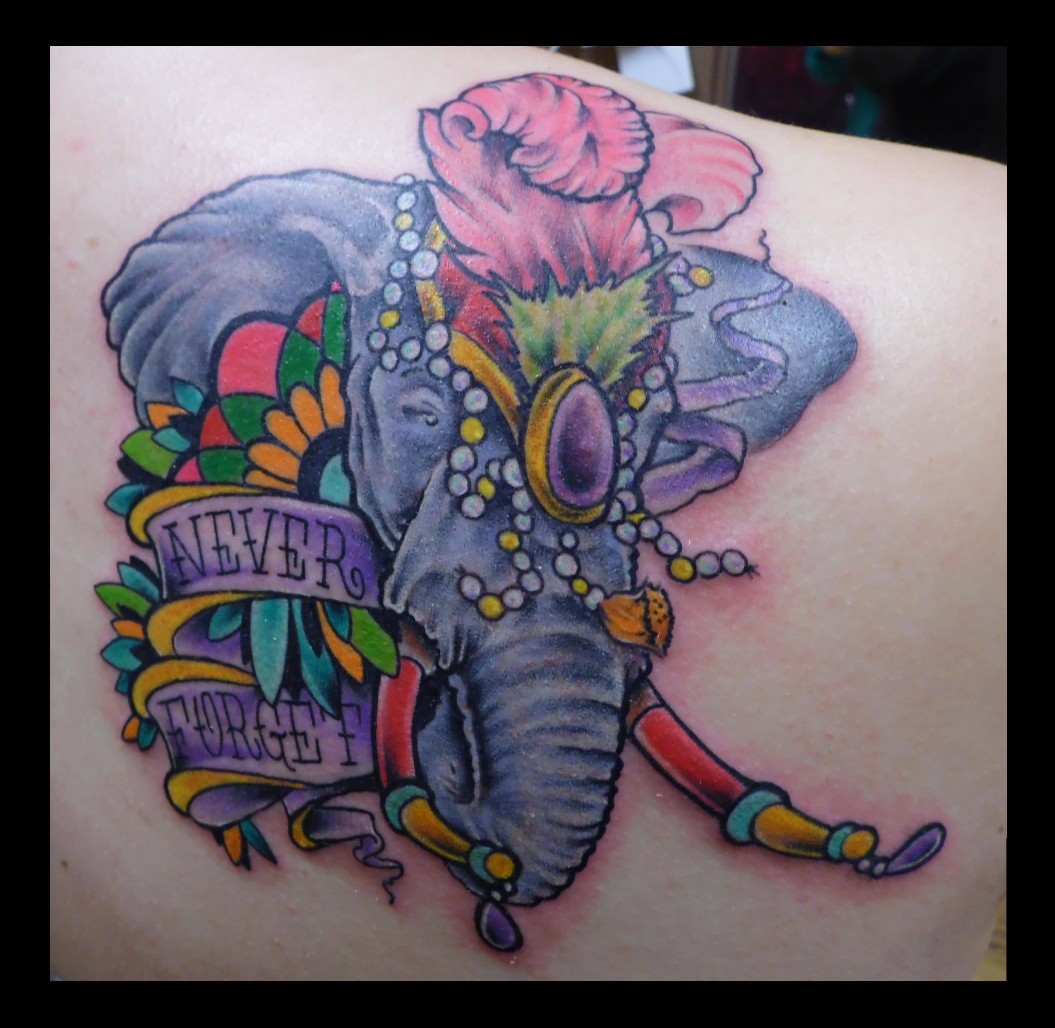 Colorful Traditional Elephant With Never Forget Banner Tattoo On Right Back Shoulder