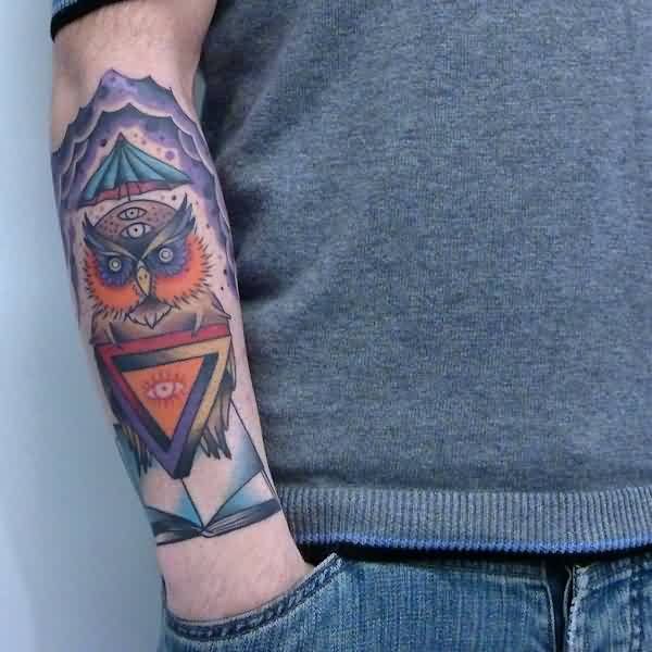 Colorful Traditional Triangle Eye With Owl Tattoo On Right Arm