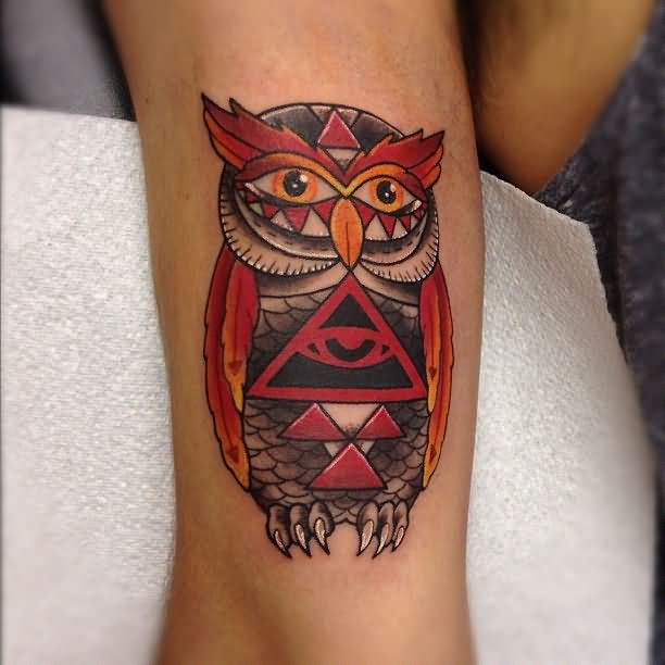 Colorful Triangle Eye In Owl Tattoo Design For Leg