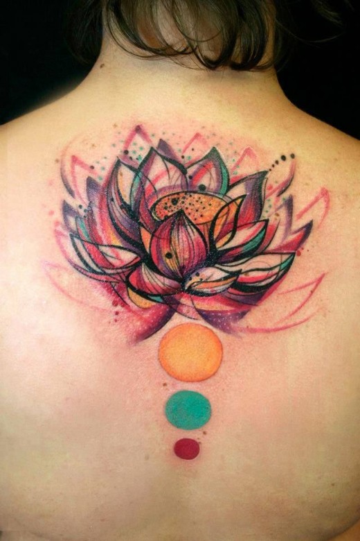 Colorful Zen Lotus Flower Tattoo On Upper Back