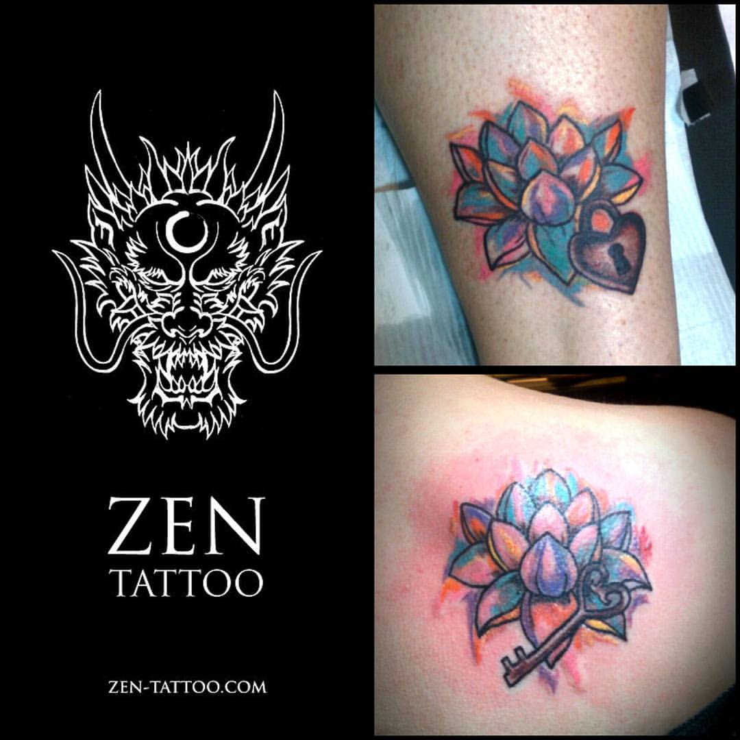 Colorful Zen Lotus With Heart Lock And Key Tattoo Design