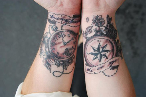 Compass And Clock Tattoos On Wrists For Men