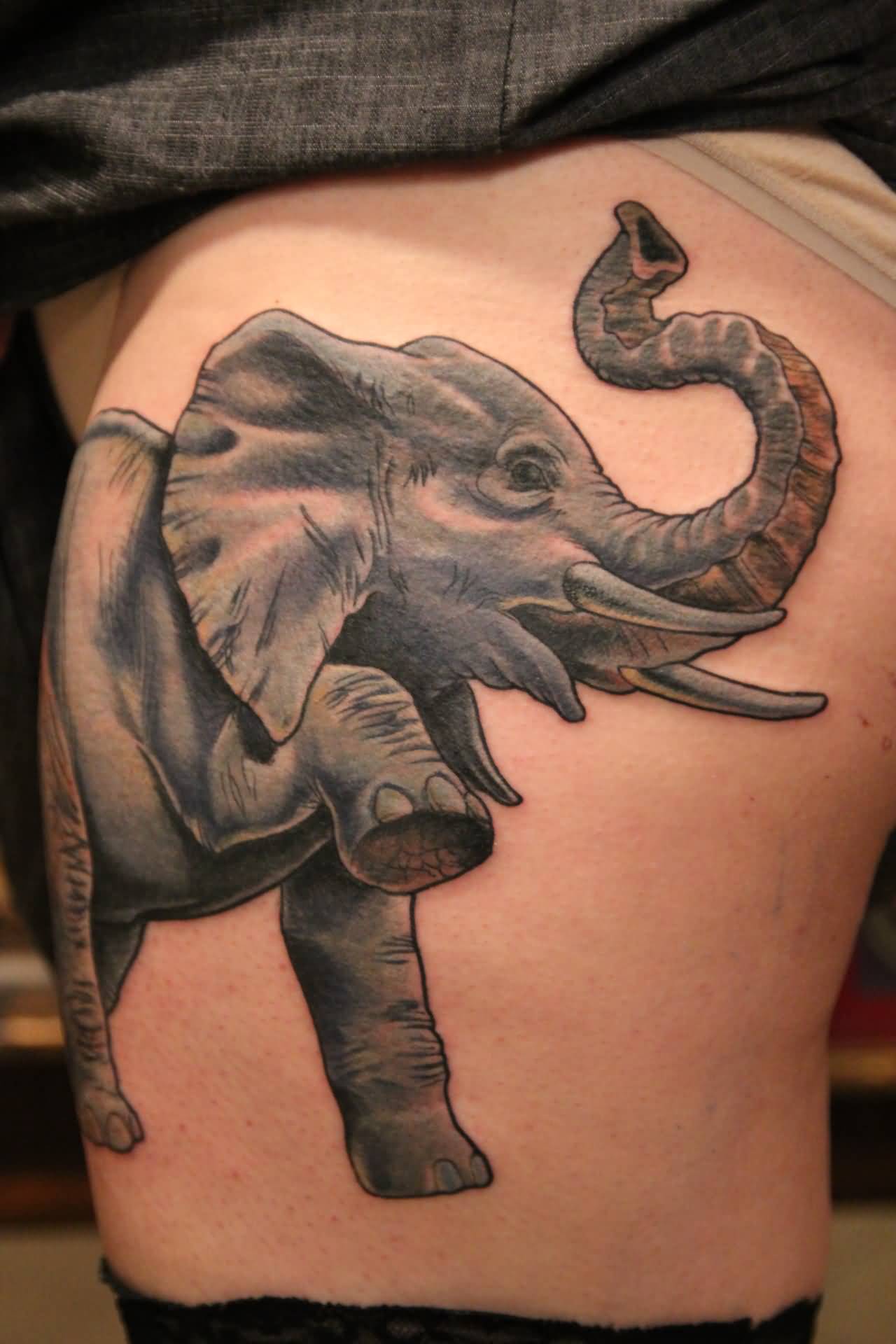 Cool 3D Elephant Trunk Up Tattoo Design For Thigh
