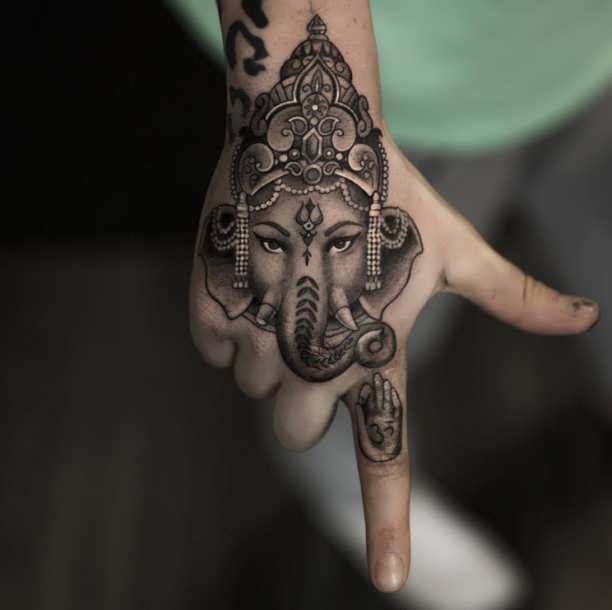 Cool Black And Grey Elephant Head Tattoo On Right Hand