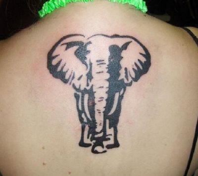 Cool Black Elephant Tattoo On Girl Upper Back