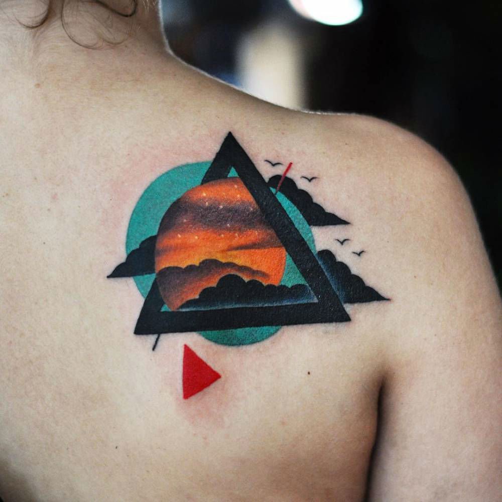 Cool Black Triangle With Sun And Clouds Tattoo On Right Back Shoulder