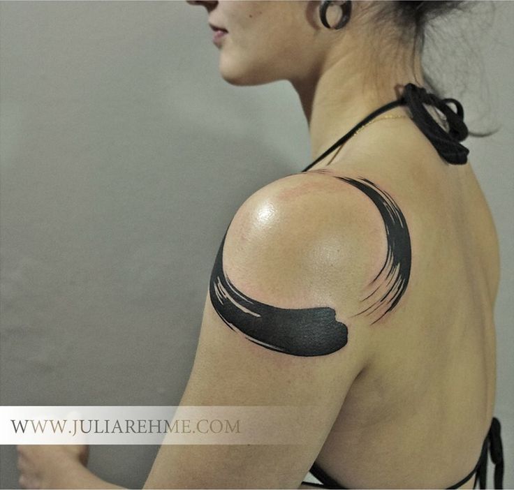 Cool Black Zen Circle Tattoo On Girl Left Shoulder By Julia Rehme Berlin