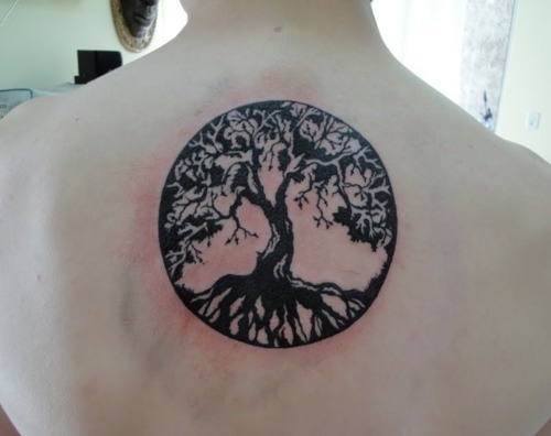 Cool Black Zen Circle Tree Tattoo On Upper Back
