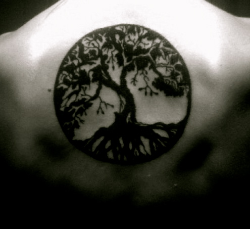 Cool Black Zen Tree Tattoo On Upper Back