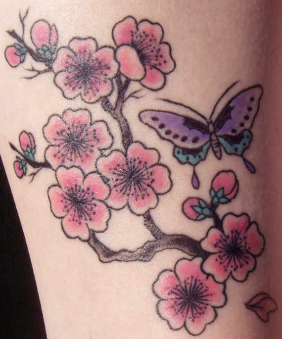 Cool Butterfly And Cherry Blossom Tattoo