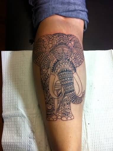 Cool Chinese Elephant Tattoo Design For Leg Calf