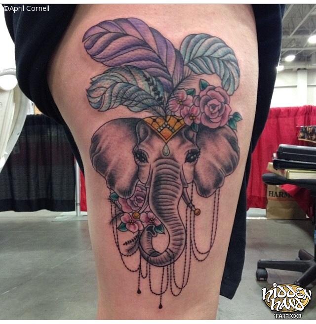 Cool Elephant Headdress Tattoo On Right Thigh