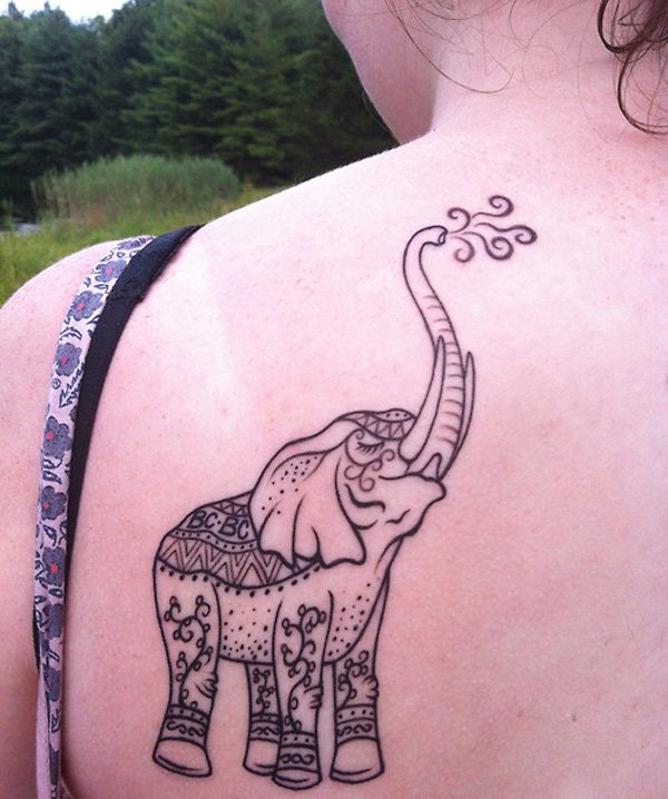 Cool Elephant Trunk Up Tattoo On Left Back Shoulder