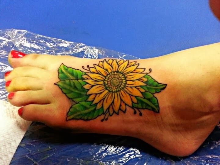 Cool Realistic Sunflower Tattoo On Girl Left Foot
