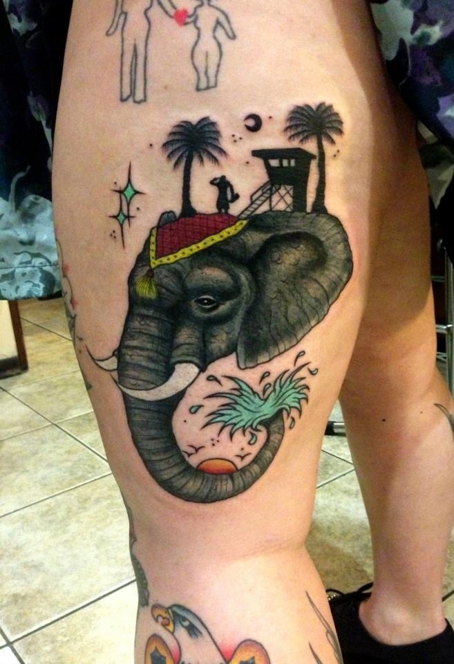 Cool Traditional Elephant Tattoo On Left Back Thigh
