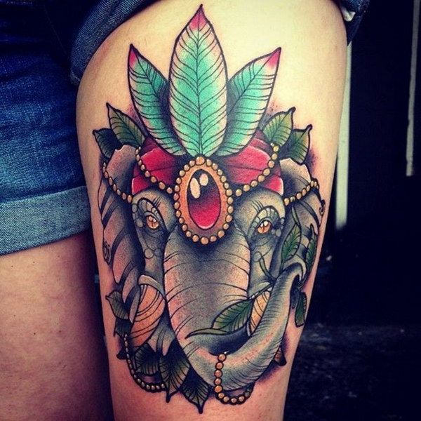 Cool Traditional Elephant Tattoo On Thigh