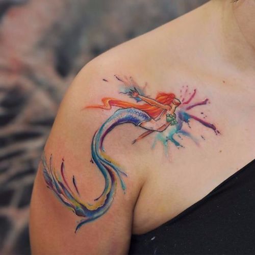 Cool Watercolor Mermaid Tattoo On Right Shoulder