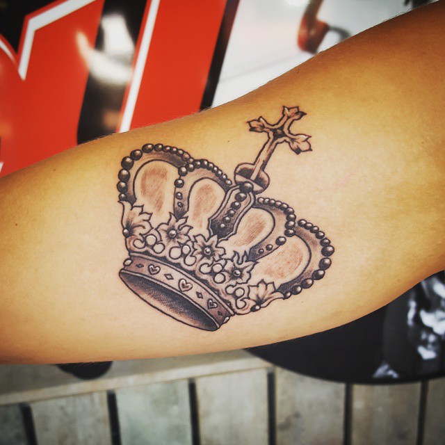 Cross And Crown Tattoo On Bicep