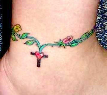 Cross And Flowers Ankle Bracelet Tattoo
