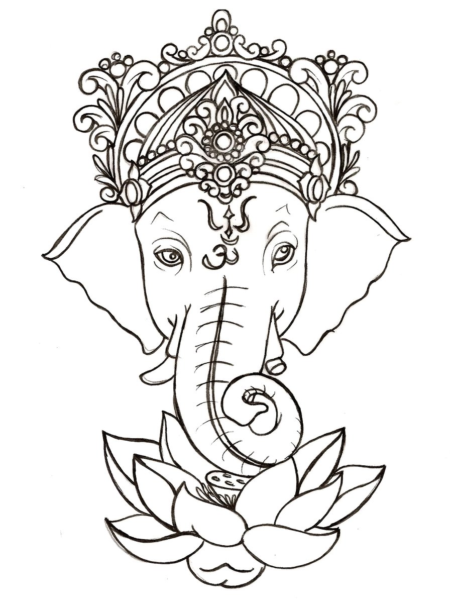 Crown On Elephant Head With Lotus Flower Tattoo Stencil By Metacharis