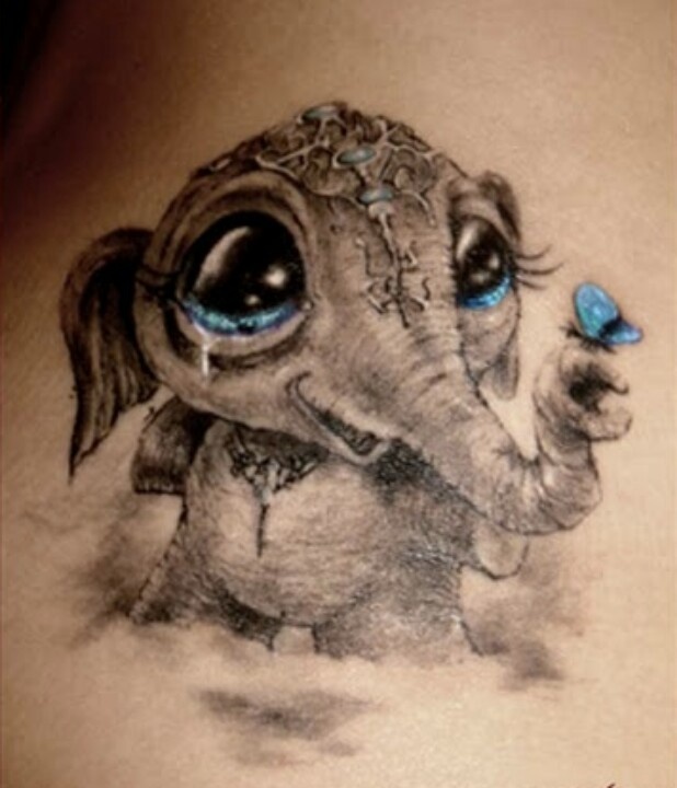 Cute Asian Baby Elephant With Flying Butterfly Tattoo Design