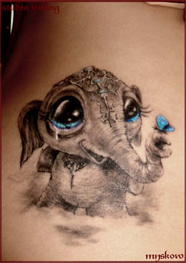 Cute Baby Elephant With Butterfly Tattoo Design