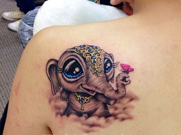 Cute Baby Elephant With Butterfly Tattoo On Left Back Shoulder