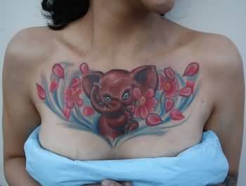 Cute Baby Elephant With Flowers Tattoo On Girl Collarbone