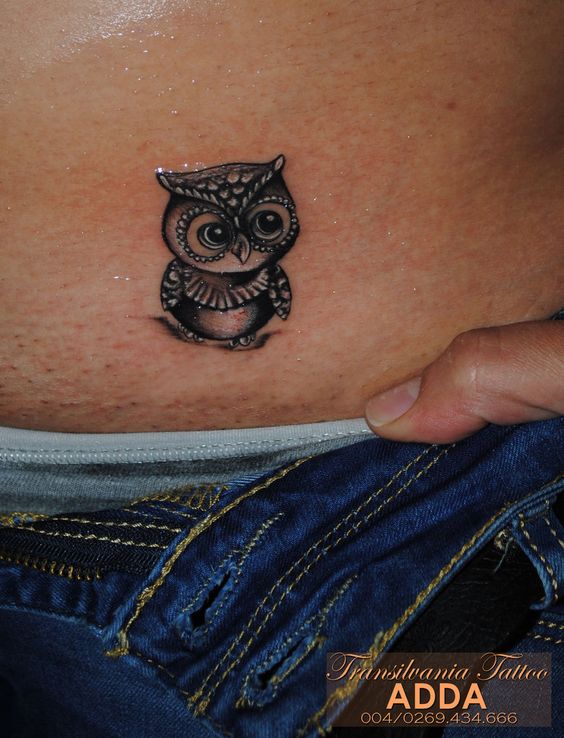 Cute Baby Owl Tattoo On Hip