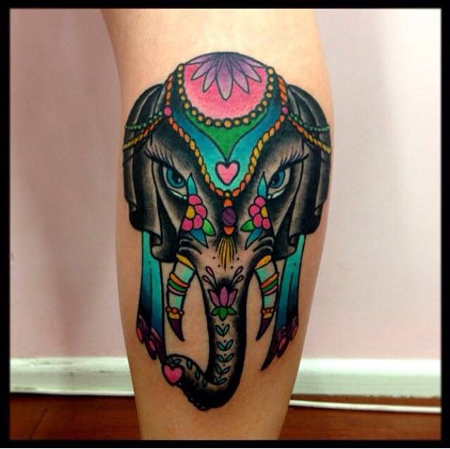 Cute Colorful Traditional Elephant Head Tattoo Design For Leg Calf