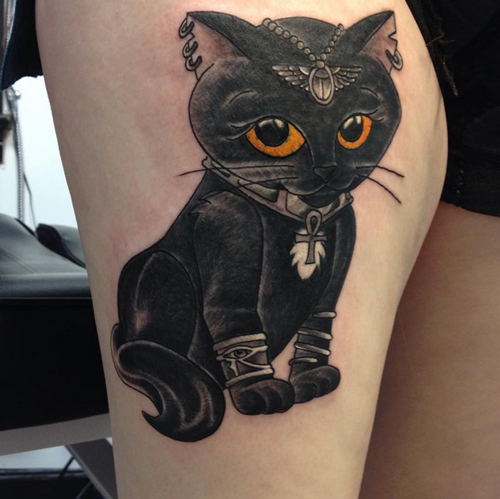 Cute Egyptian Cat Tattoo On Right Thigh