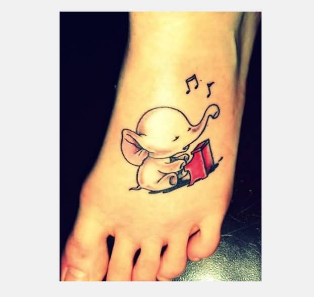 Cute Elephant Baby Playing Paino Tattoo On Left Foot