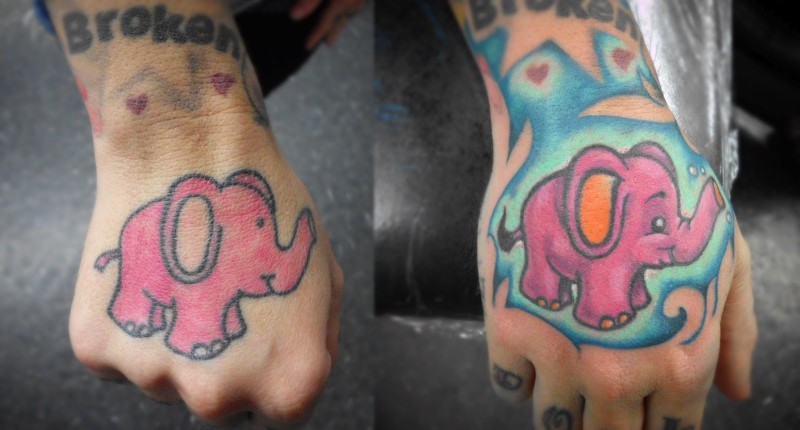Cute Pink Ink Baby Elephant Tattoo On Hand