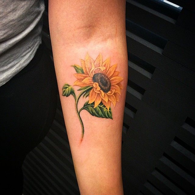 Cute Realistic Sunflower Tattoo On Left Forearm