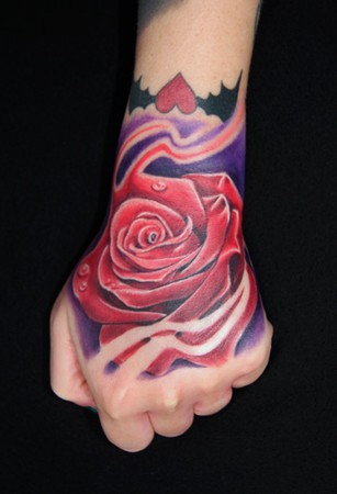 Devil Wings Heart And Red Rose Tattoo On Left Hand
