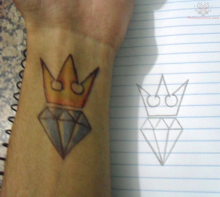Diamond And Crown Tattoo On Left Wrist