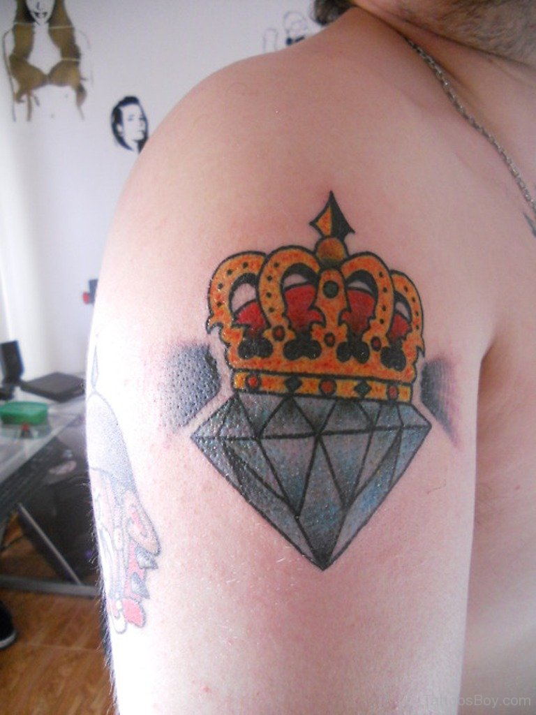 Diamond With Crown Tattoo On Shoulder