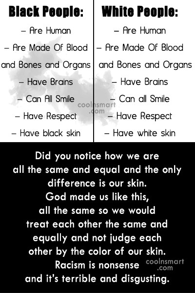 Did you notice how we are all the same and equal and the only difference is our skin. God made us like this, all the same so we would treat each other the same ...