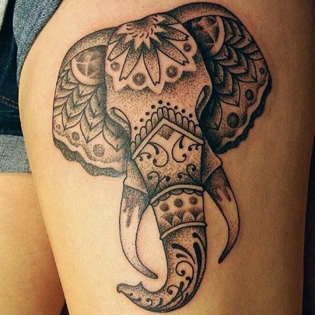 Dotwork Aztec Elephant Head Tattoo On Thigh