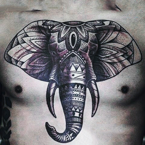Dotwork Elephant Head Tattoo On Man Chest